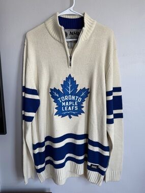 Vintage Toronto Maple Leafs NHL Hockey Zip Sweater L Ilanco Cream Blue 8328MH